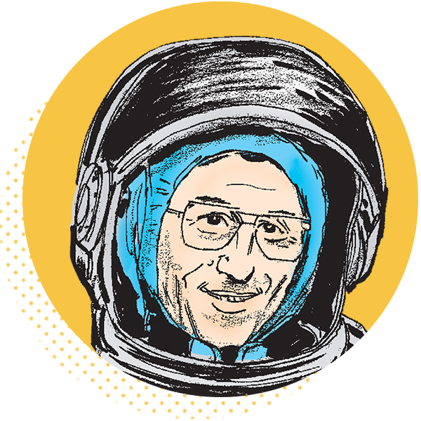 Illustration of a smiling astronaut wearing a helmet, featuring a blue inner lining and glasses, set against a vibrant yellow circular background.