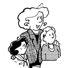 Illustration of a smiling woman with curly hair standing between two girls, one with dark hair and a scarf, and the other with long hair in a polka dot shirt, depicting a warm family or friendship connection.