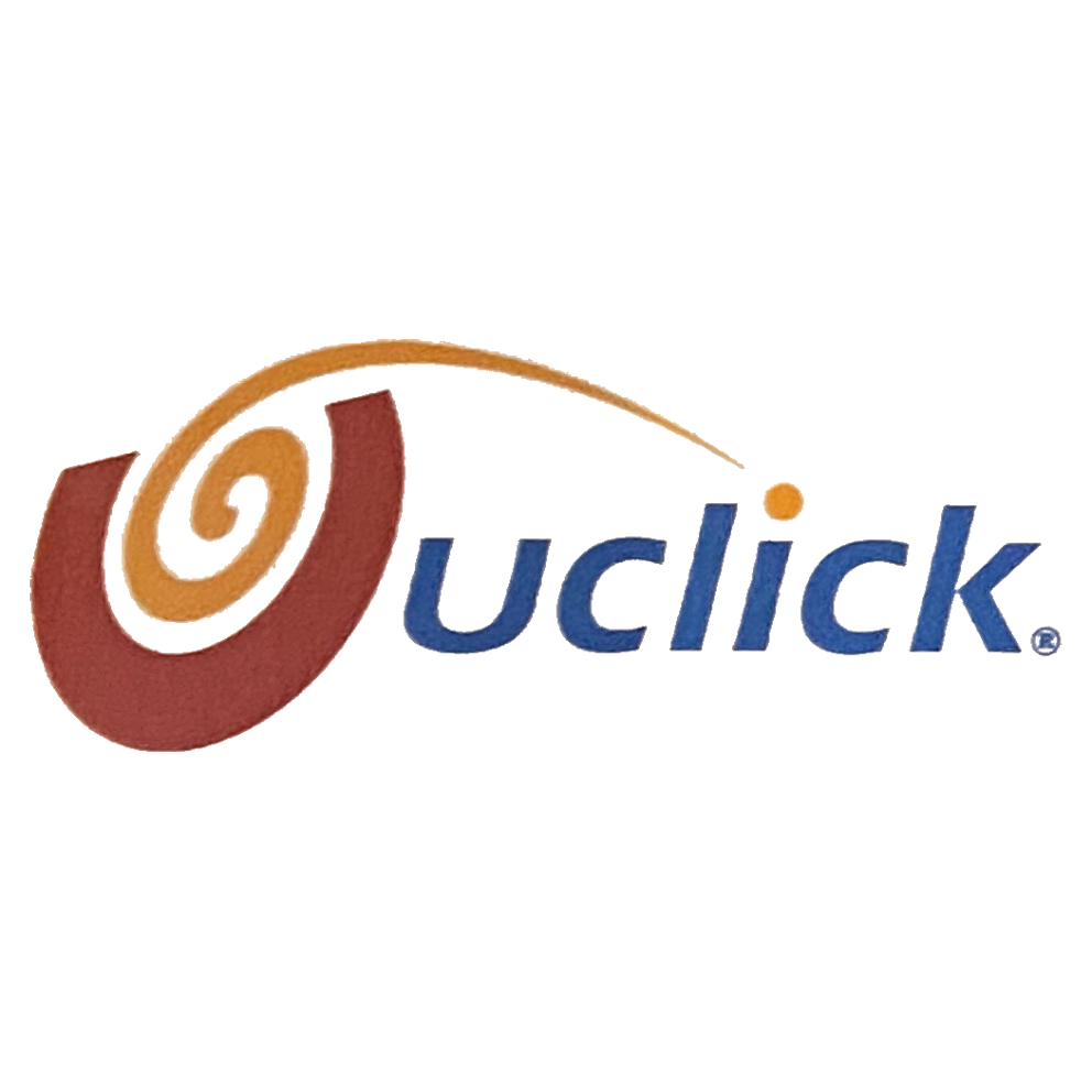 Logo of Uclick, featuring a stylized swirl design in orange and brown colors, with the word 