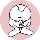 Cartoon character with a round body and a smiling face, standing with hands clasped, set against a pink circular background.