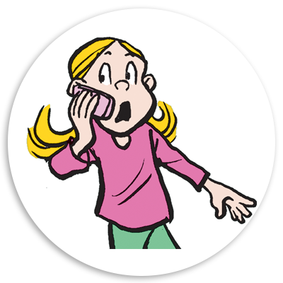 Illustration of a surprised girl with blonde pigtails, holding a smartphone to her ear, expressing shock or excitement while talking on the phone.