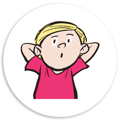 Illustration of a surprised young boy with blonde hair wearing a pink shirt, looking upwards with his hands behind his head, set against a circular white background.
