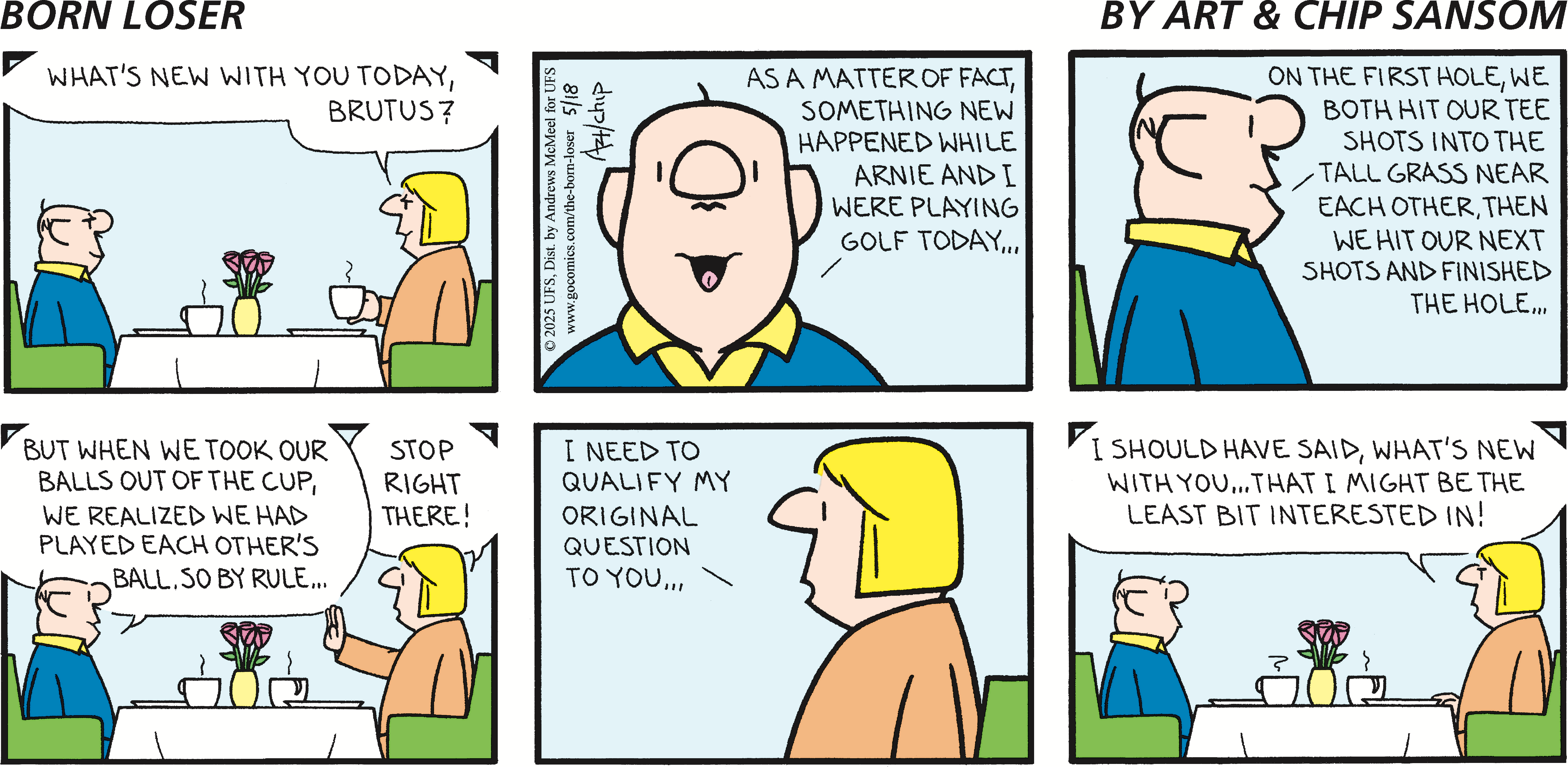 Comic strip featuring two characters discussing a golf game. One character shares an anecdote about playing golf with a friend, while the other character seeks clarification on a previous question. The comic humorously illustrates their conversation dynamics.