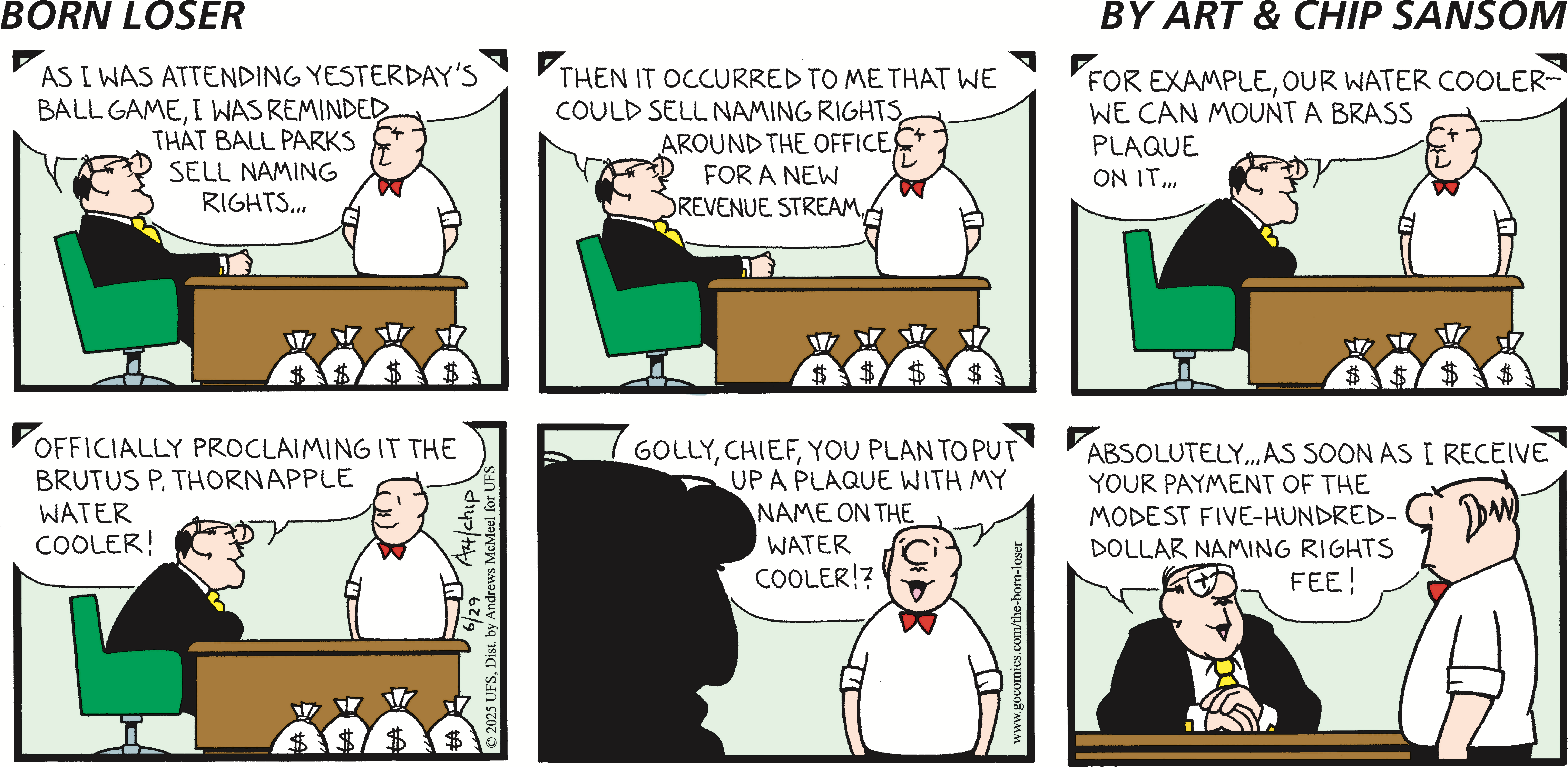 A humorous cartoon depicting a businessman discussing a new revenue stream by selling naming rights around the office, while a colleague reacts with surprise about having a plaque with his name on the water cooler.