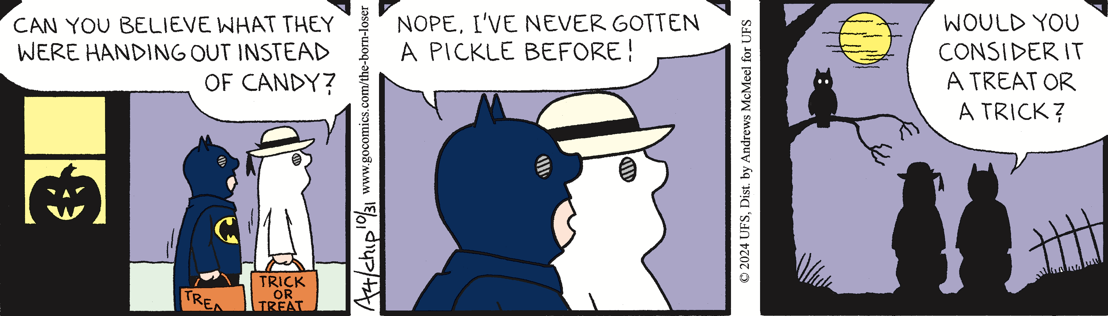 Two trick-or-treaters, one dressed as Batman and the other as a ghost, discuss receiving pickles instead of candy on Halloween night. A spooky background features a pumpkin and a full moon with a silhouette of a cat on a tree branch.