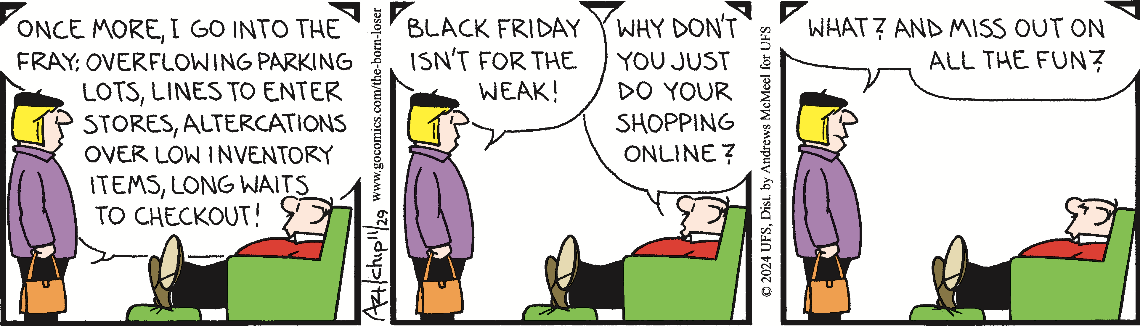 Cartoon depicting a conversation between a woman and a man on Black Friday shopping. The woman, dressed in a purple coat, asserts that Black Friday isn't for the weak, while the man, lounging in a green chair, suggests shopping online instead. The scene humorously highlights the challenges of traditional holiday shopping versus online convenience.