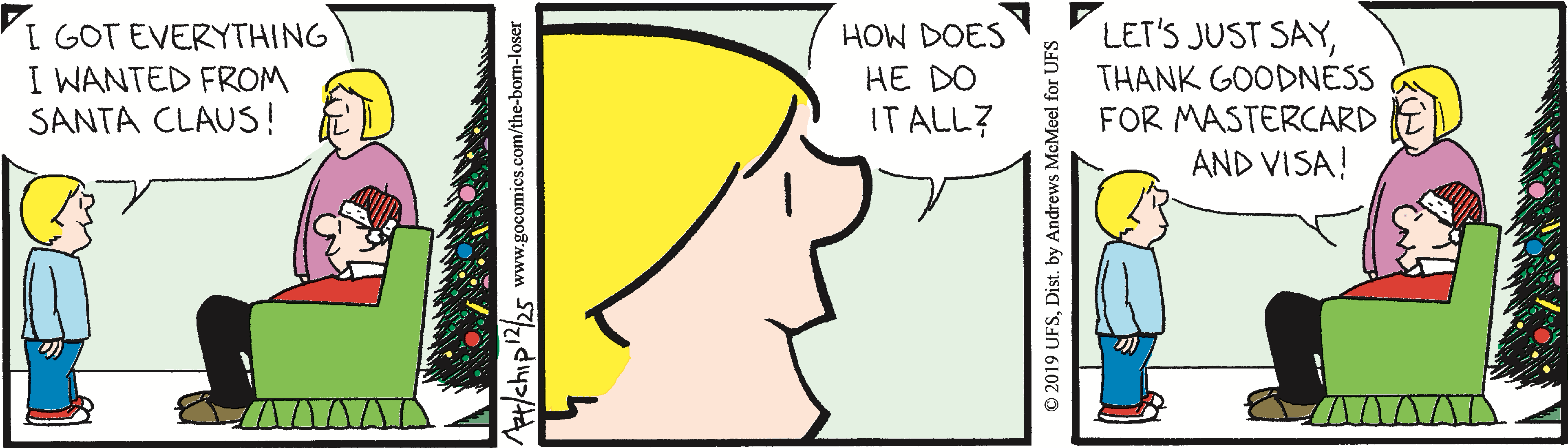 A humorous comic strip featuring a child expressing excitement about receiving everything from Santa Claus, while an adult reflects on the financial support provided by credit cards, highlighting the blend of holiday spirit and consumerism.