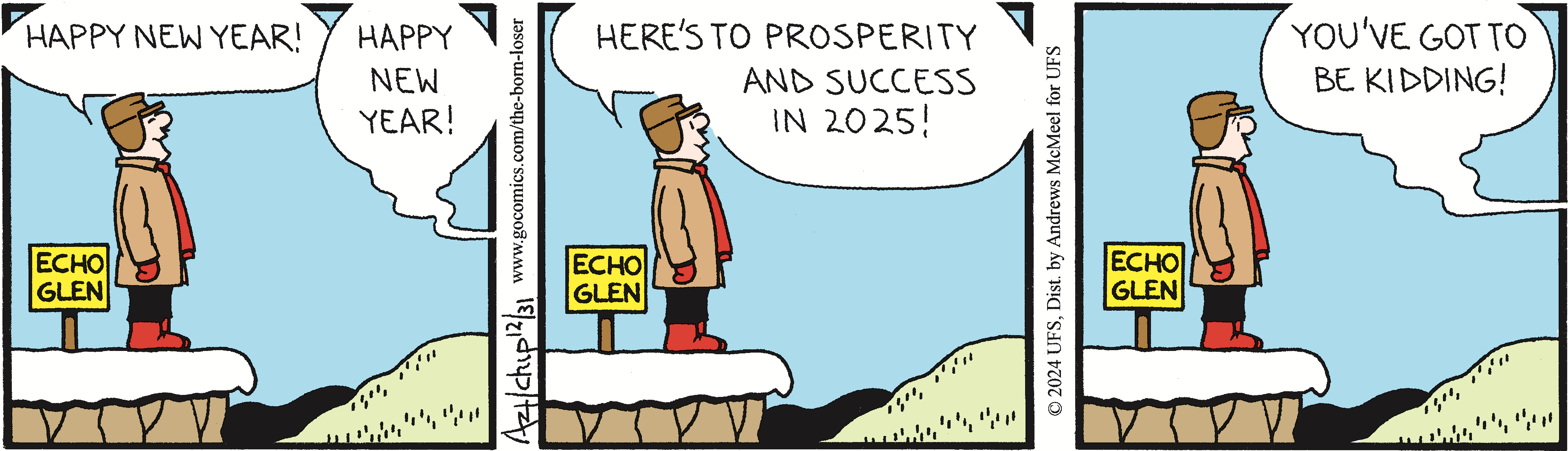 Cartoon depicting a man in winter attire standing on a snowy ledge, raising a toast to prosperity and success in 2025, with a sign reading 