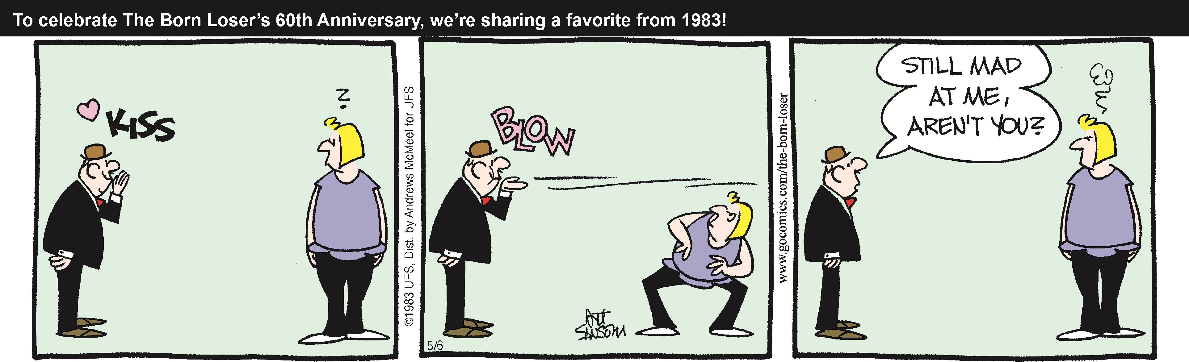 Cartoon from 1983 featuring a man in a hat blowing air towards a surprised blonde woman, who is bracing herself. The scene captures a humorous interaction between the characters.