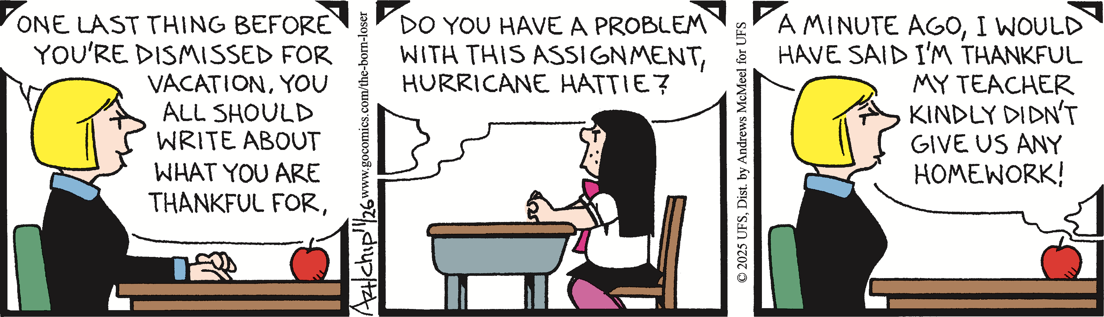 Comic strip featuring a teacher instructing students to write about what they are thankful for before vacation, with one student humorously expressing gratitude for having no homework.