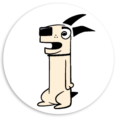 Cartoon character of a playful dog with a quirky expression, standing upright with a light-colored body and distinctive ears, set against a circular background.