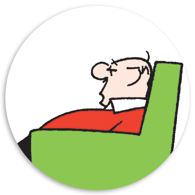 Illustration of an older man sitting in a green armchair, looking pensive. The character has a round face, prominent nose, and is wearing a red shirt. The image features a simple, cartoonish style.
