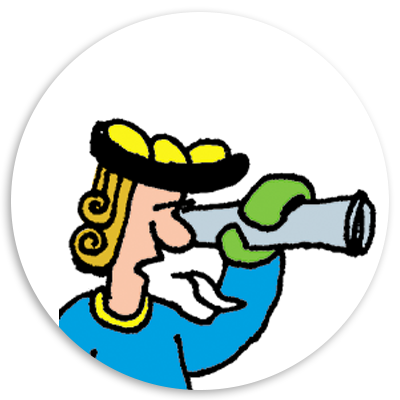 Cartoon character with curly hair and a hat, using a telescope to look into the distance, set against a circular white background.