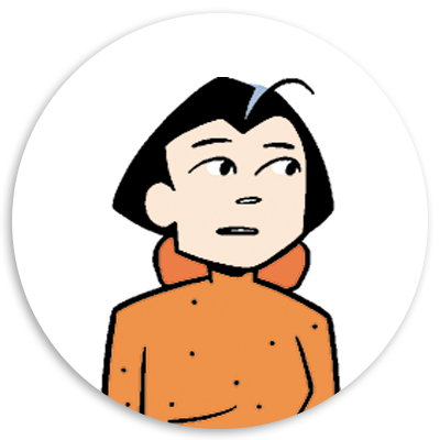 Illustration of a cartoon character with short black hair and a thoughtful expression, wearing an orange outfit, set against a circular background.