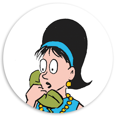 Cartoon character with a large black hairstyle, wearing a blue headband and yellow necklace, holding a green telephone receiver with a surprised expression.