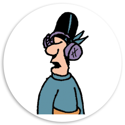 Cartoon character wearing purple headphones, with a blue sweater and a distinctive hairstyle, depicted in a side profile against a circular white background.