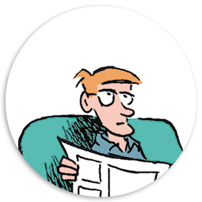 Cartoon character sitting on a couch, reading a newspaper with a thoughtful expression, featuring a simple and colorful design.
