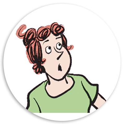 Illustration of a surprised cartoon character with curly red hair, wearing a green shirt, looking upwards with a curious expression.