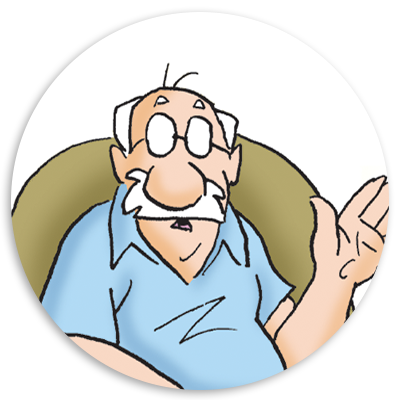 Cartoon illustration of an elderly man with glasses and a mustache, sitting in a chair and gesturing with his hand, conveying a sense of storytelling or sharing wisdom.