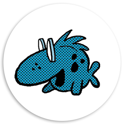 Cartoon-style blue creature with a rounded body, spiky fins, and large eyes, set against a white circular background. Ideal for children's illustrations or playful designs.