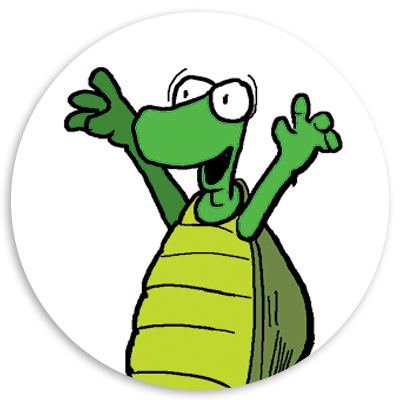 Cartoon turtle character with a green shell and a cheerful expression, waving enthusiastically against a circular white background.
