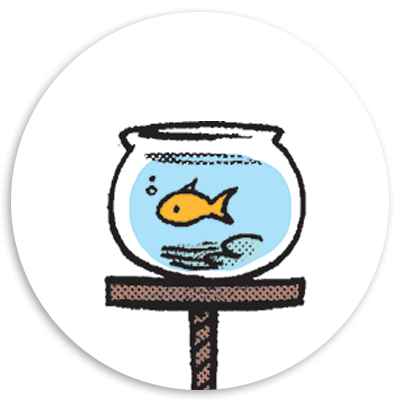 Illustration of a goldfish swimming in a round fishbowl on a wooden stand, featuring a clear blue water background and decorative elements.