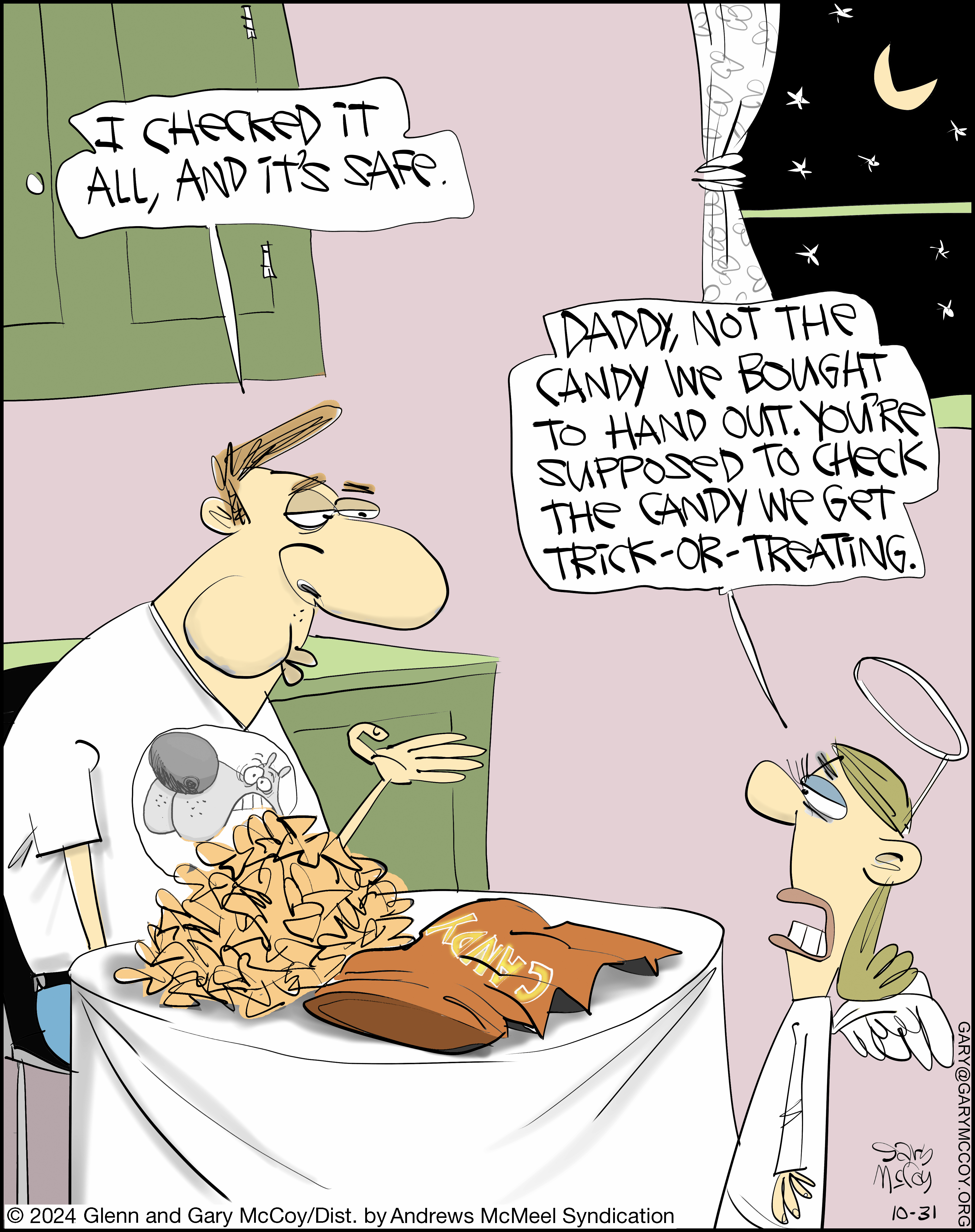 A humorous cartoon depicting a father checking candy before Halloween, with a child correcting him about the candy meant for trick-or-treating. The scene highlights parental concerns about safety during Halloween festivities.