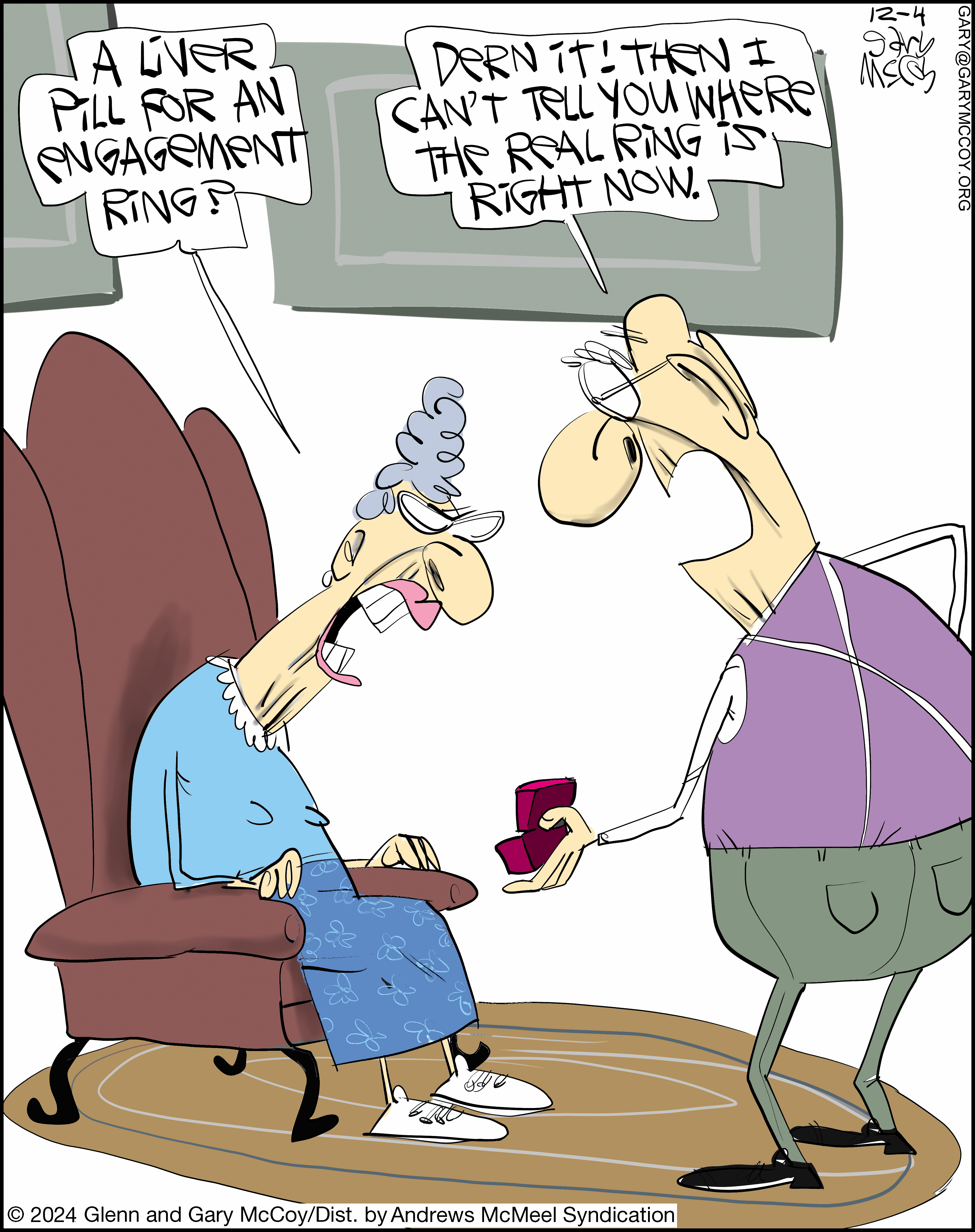 Cartoon depicting a humorous interaction between an elderly couple, where the woman questions if a liver pill can serve as an engagement ring, while the man expresses frustration about not being able to locate the real ring.