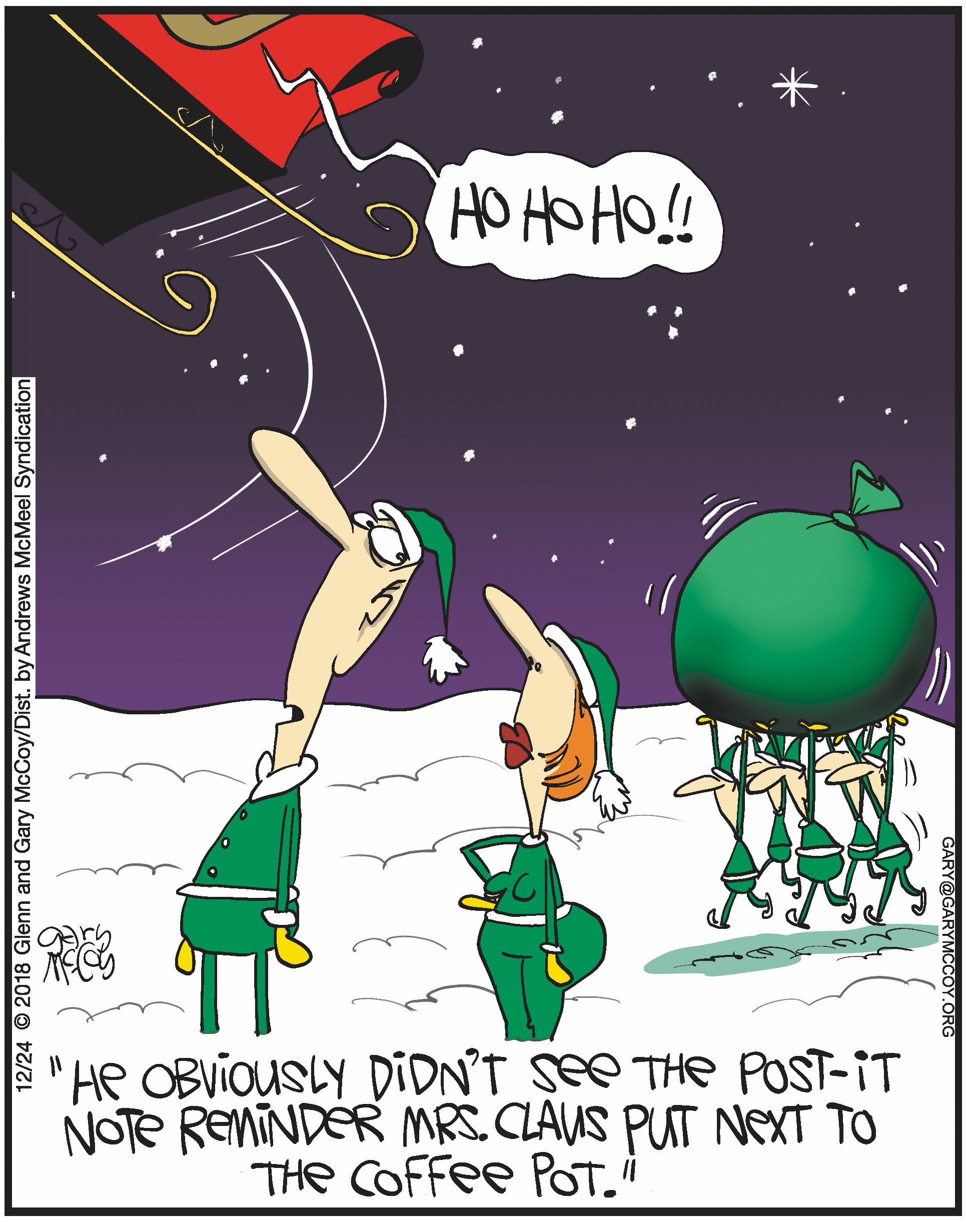Two cartoon elves standing in the snow look up at Santa's sleigh in the night sky. One elf comments humorously about a reminder note from Mrs. Claus. The scene captures a festive holiday atmosphere with a playful twist.