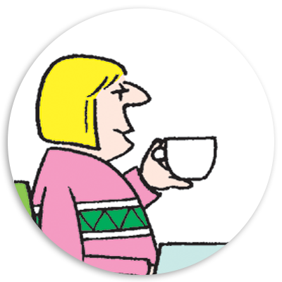 Cartoon character with blonde hair wearing a pink sweater, holding a white cup, smiling and enjoying a beverage.