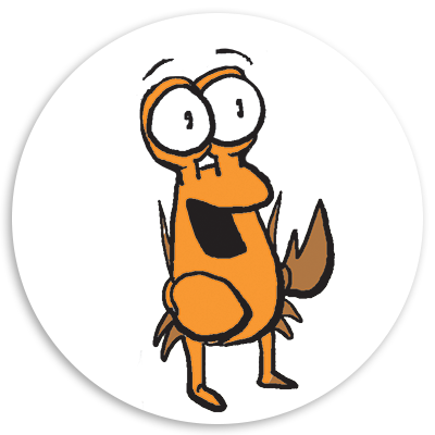 Cartoon character of an excited orange bug with large eyes and a surprised expression, set against a white circular background.