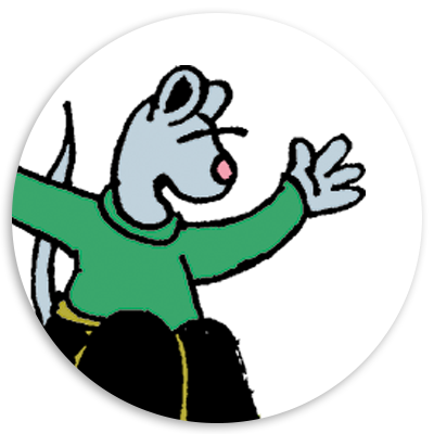 Cartoon mouse character wearing a green sweater, raising one hand in a friendly gesture, set against a circular white background.