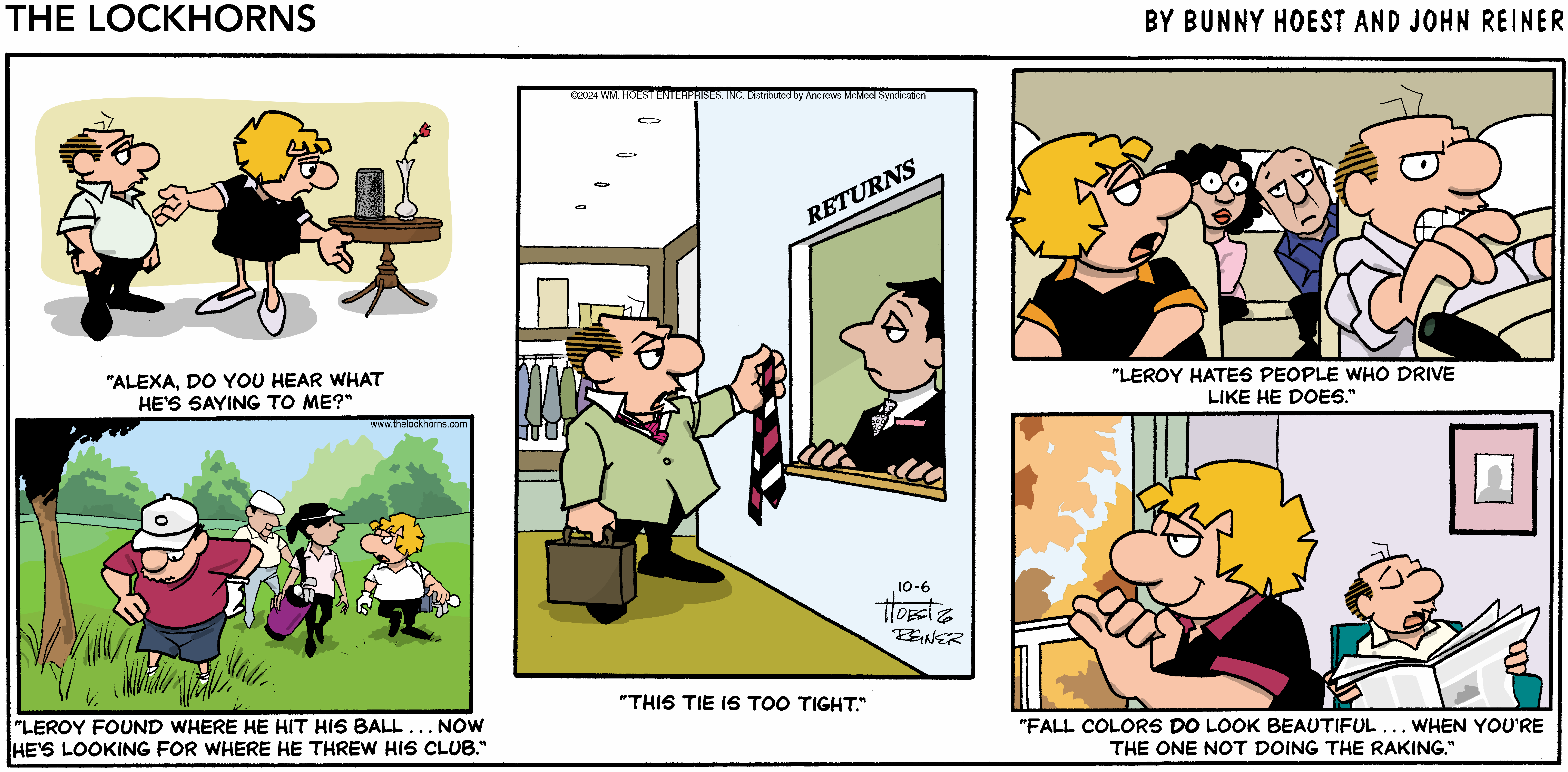 Cartoon strip featuring humorous scenes: a man returning a tie at a store, a woman at a desk, and a child outside playing. The comic highlights everyday situations with a comedic twist, showcasing characters in various scenarios related to fashion and social interactions.