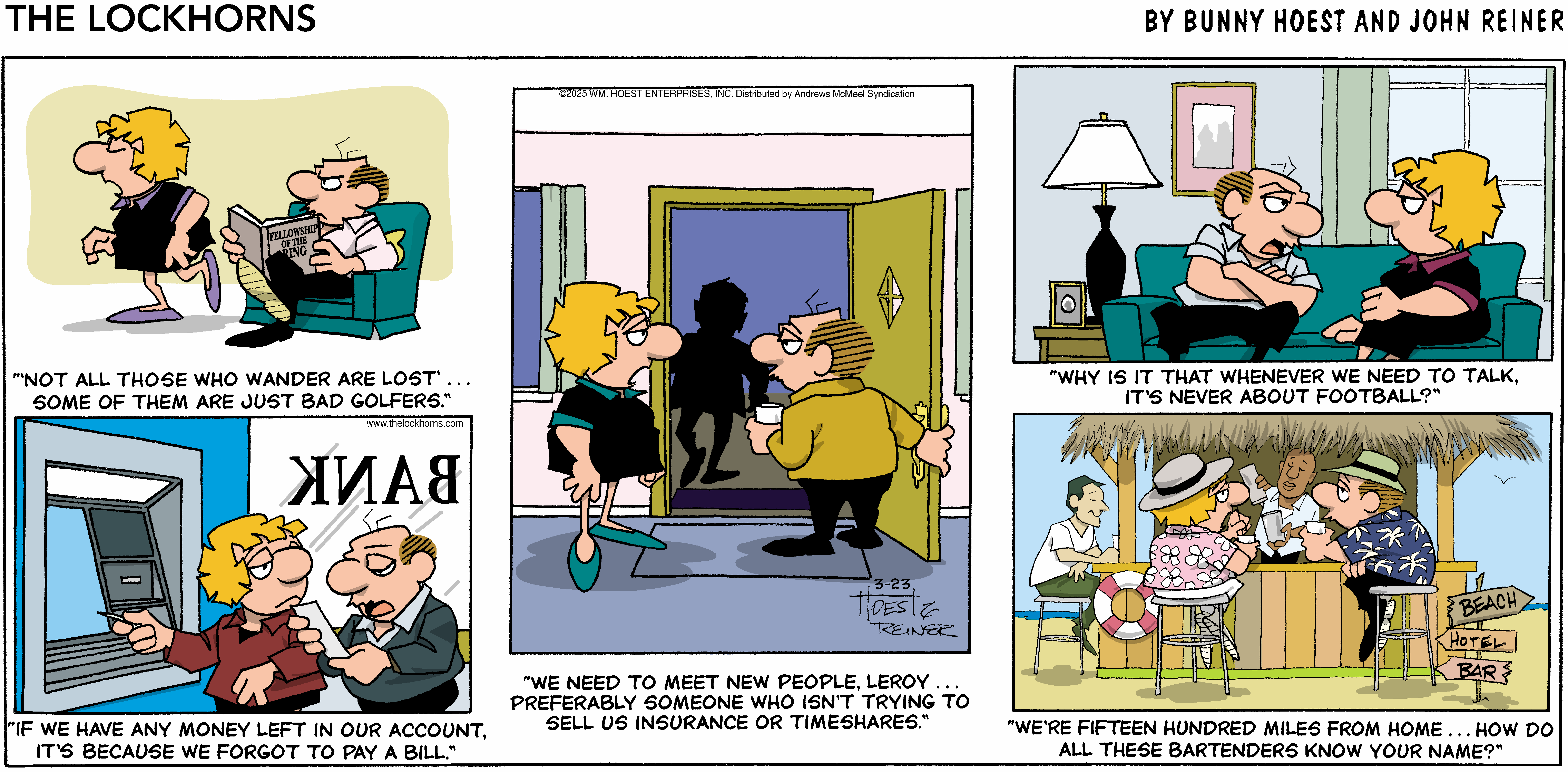 Cartoon panel depicting a couple at their front door, with a shadowy figure in the background. The woman expresses the need to meet new people, while the man humorously suggests avoiding those selling insurance or timeshares. The scene captures a lighthearted conversation about socializing.