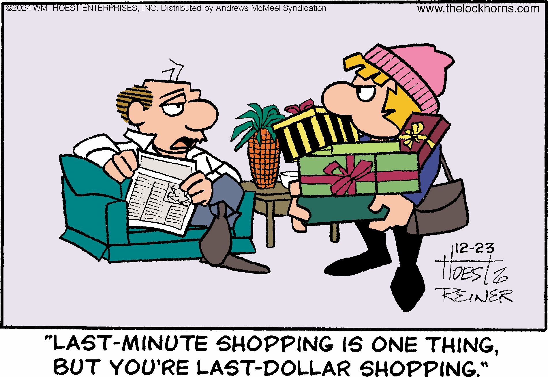 A humorous cartoon depicting a man reading a newspaper while sitting on a couch, and a woman standing with a stack of colorful gift boxes, highlighting the stress of last-minute shopping during the holiday season.