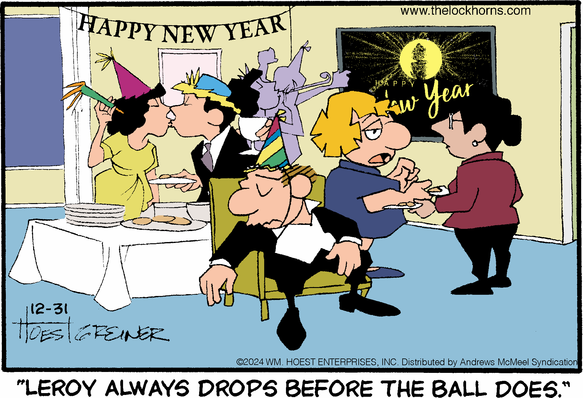 New Year's Eve cartoon depicting a festive party scene with guests celebrating, wearing party hats, and engaging in various activities. One character humorously comments on the tradition of the New Year's ball drop, adding a comedic twist to the celebration.