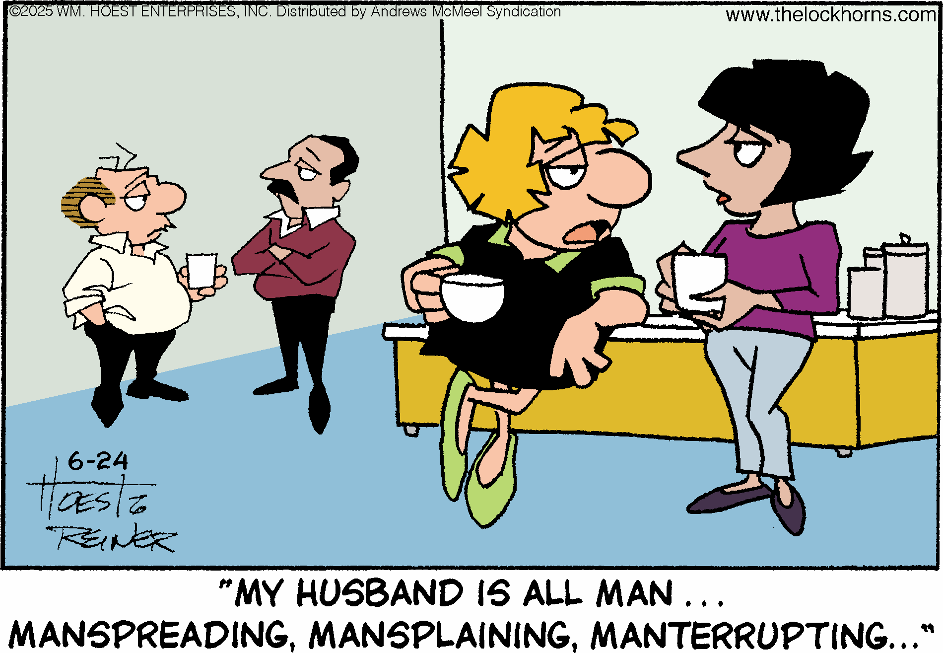 Cartoon depicting a humorous conversation among three characters. One woman, sitting with a coffee cup, expresses her frustration about her husband, while two other characters listen. The scene highlights themes of gender stereotypes and communication issues in relationships.