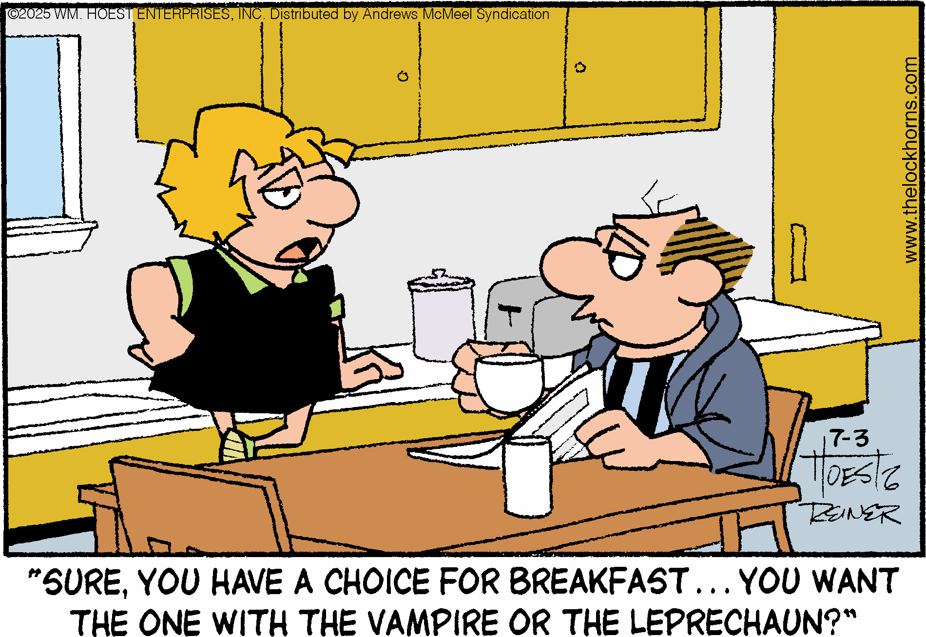Cartoon featuring a frustrated woman in a black dress with blonde hair, speaking to a man in a striped shirt holding a cup. The scene takes place in a kitchen with yellow cabinets, highlighting a humorous breakfast choice between a vampire and a leprechaun.