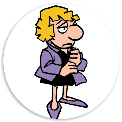 Cartoon character with short blonde hair, wearing a purple jacket and black dress, looking skeptical or discontented.