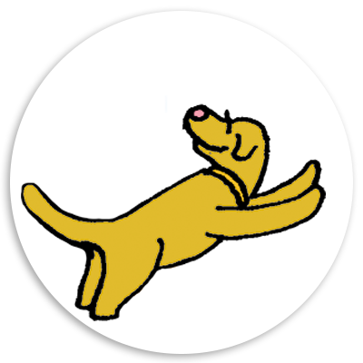 Cartoon illustration of a playful yellow dog with its tail wagging, captured in a joyful pose against a white circular background.