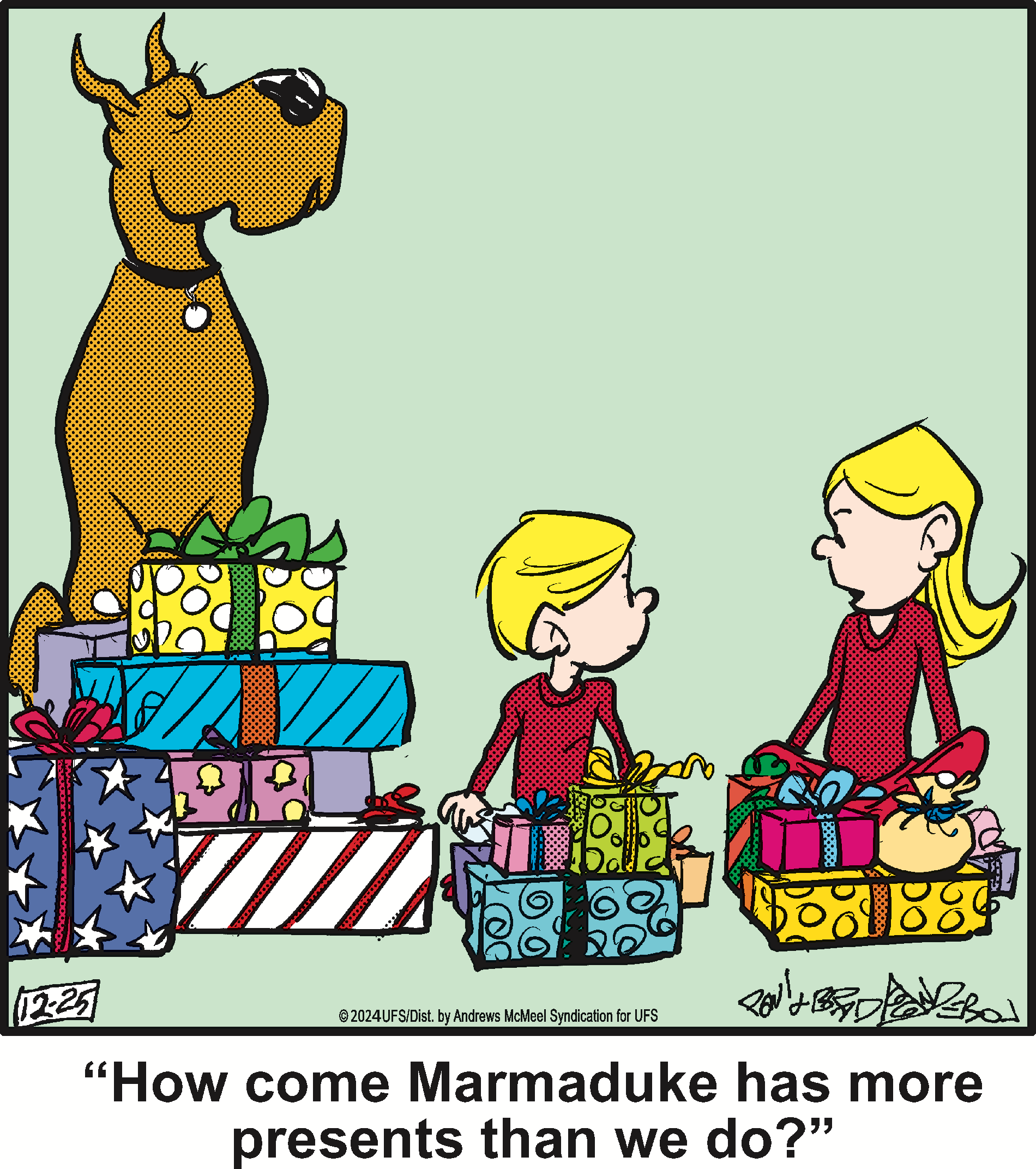 Cartoon featuring a large dog, presumably Marmaduke, standing next to two children surrounded by colorful wrapped gifts. One child questions why Marmaduke has more presents, highlighting themes of holiday fun and pet ownership.