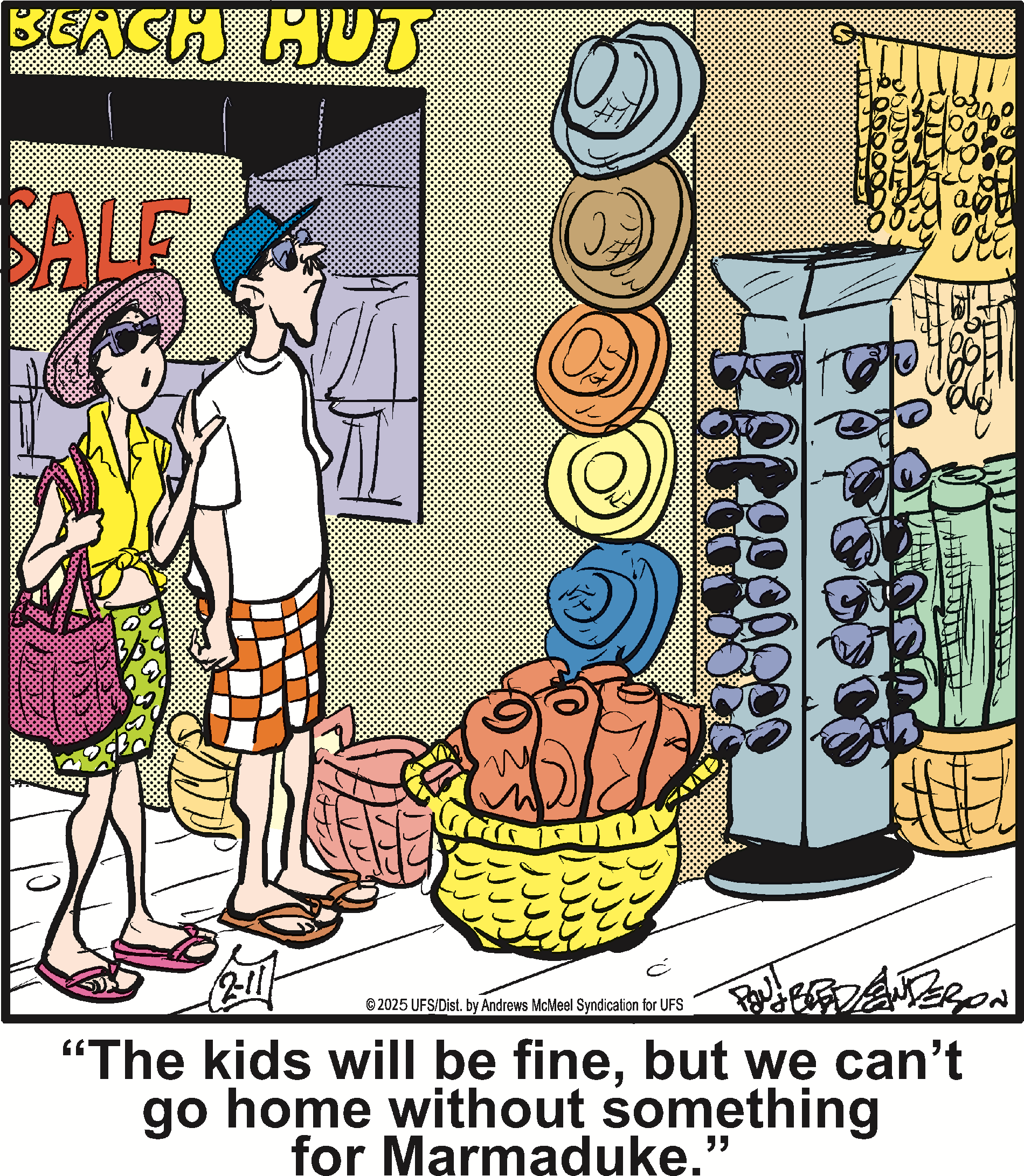 A couple shopping at a beach hut, surrounded by colorful hats and baskets, discussing their need to buy something for their pet, Marmaduke. The scene captures a lighthearted moment of vacation shopping.
