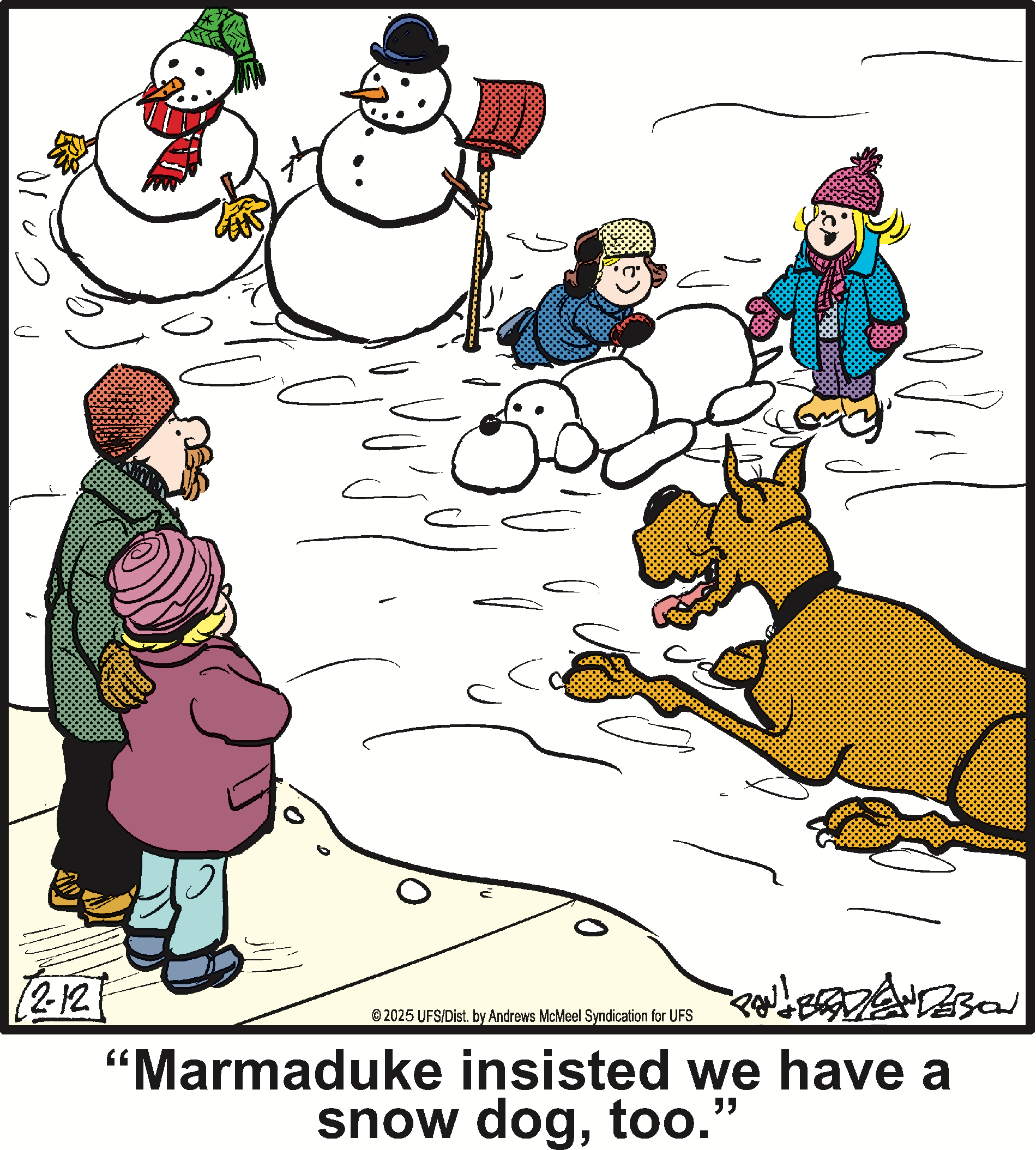 Children building a snow dog while snowmen stand nearby, featuring a playful dog observing the scene, capturing the fun of winter activities and family moments in the snow.
