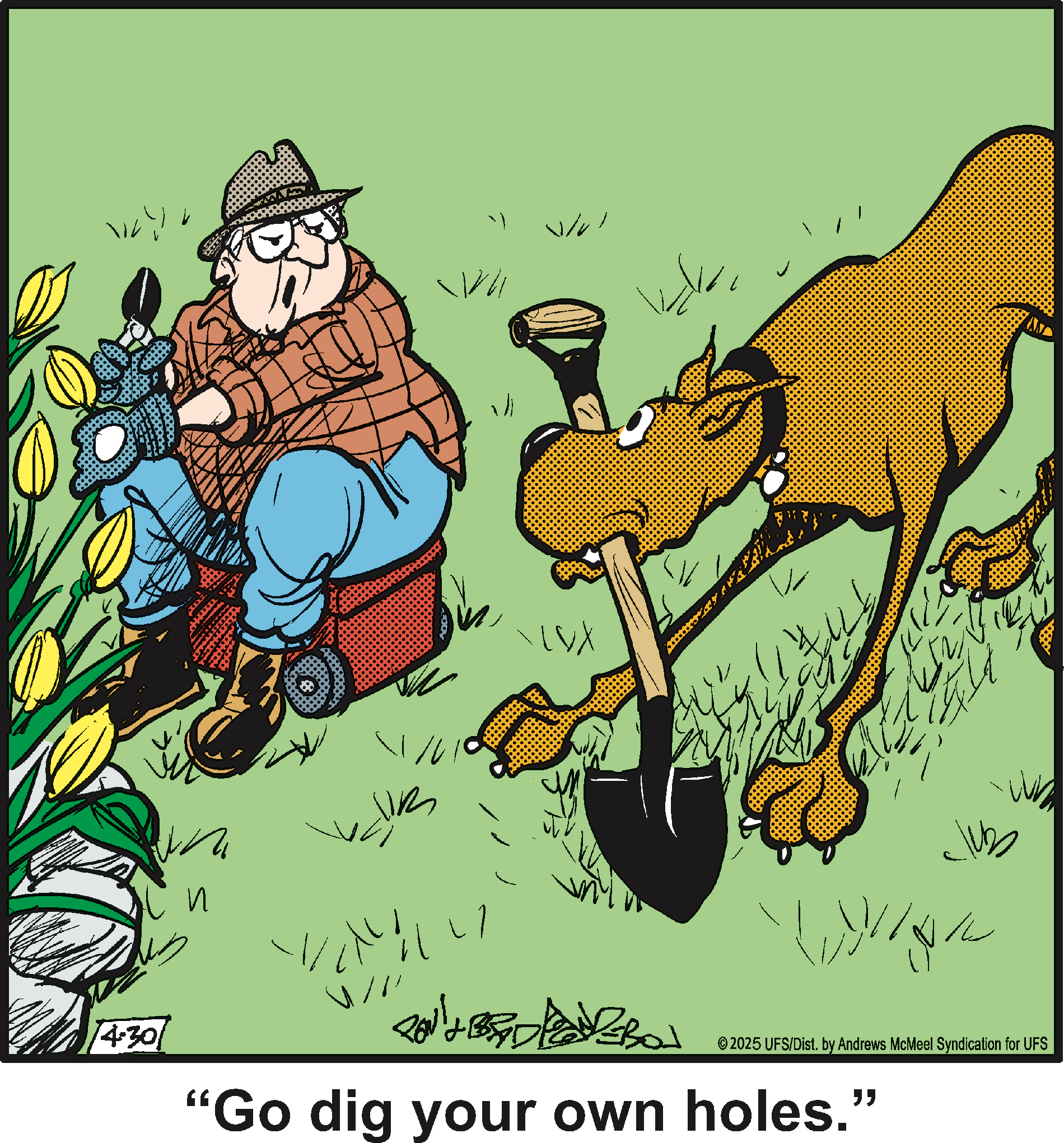 A cartoon depicting a farmer sitting on a lawnmower with a surprised expression while a dog digs in the ground, holding a shovel in its mouth. Bright green grass and yellow flowers surround them, adding a humorous touch to the scene.