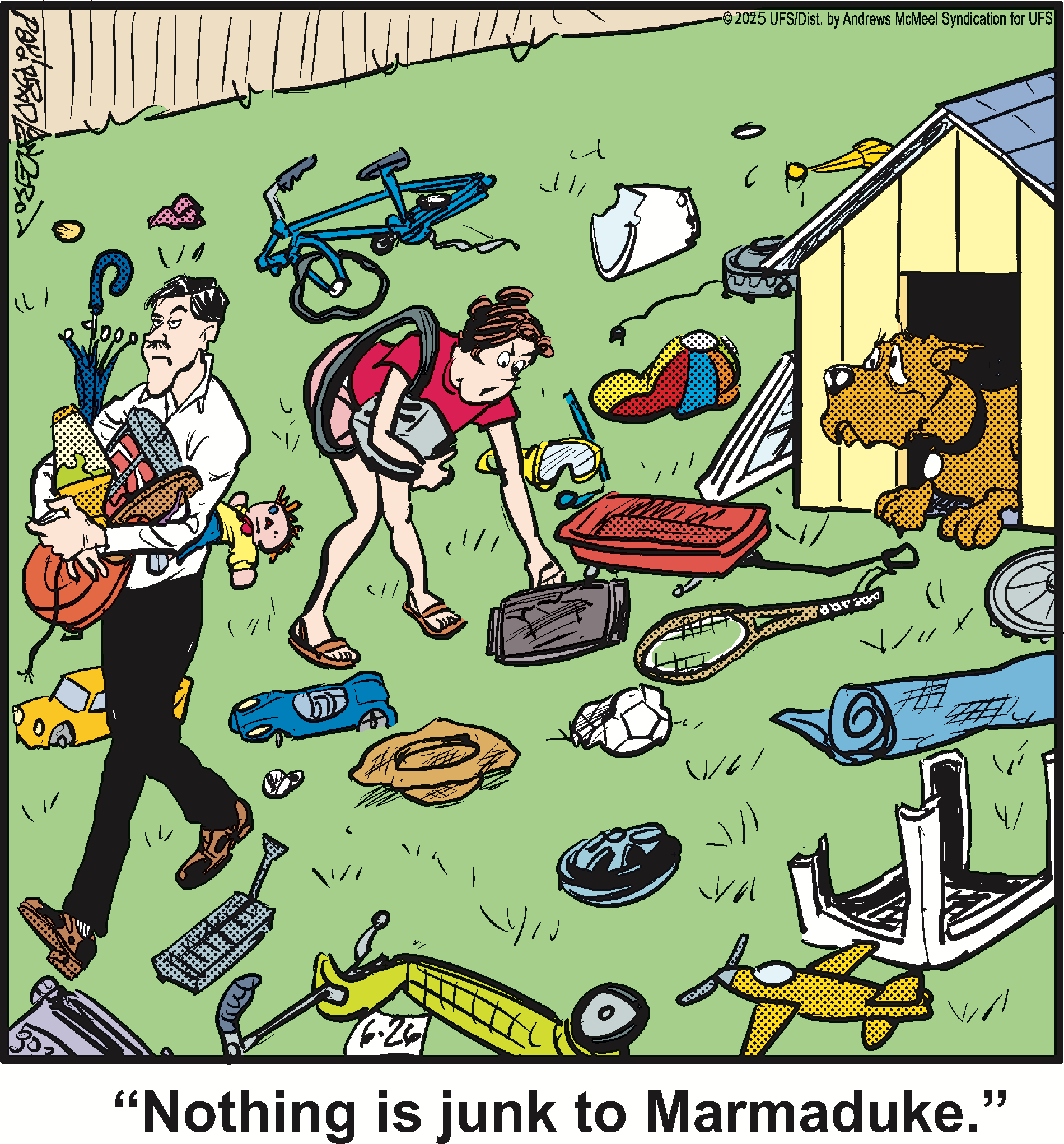 A cluttered backyard scene featuring a man carrying various items, a girl searching through scattered toys and tools, and a dog peeking out from a doghouse, illustrating the theme of disorganization in outdoor spaces.