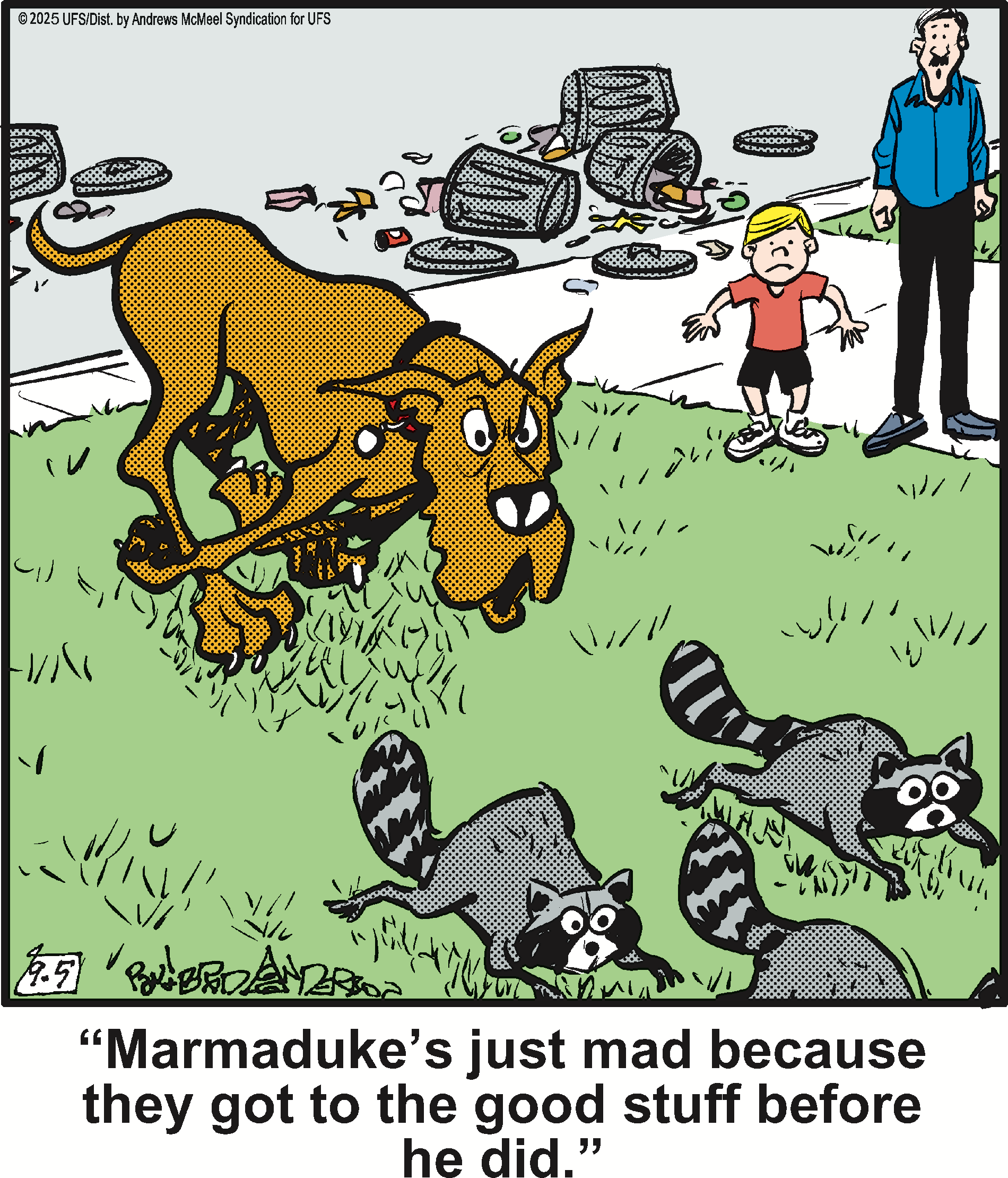 Cartoon depicting a large dog, Marmaduke, looking frustrated as raccoons scavenge through trash while a young boy and a man observe the scene. The background shows littered garbage cans, highlighting the humorous chaos of the situation.