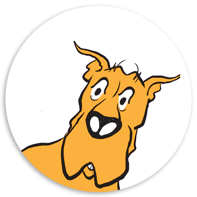 Cartoon illustration of a friendly orange dog with large expressive eyes and a surprised expression, set in a circular white background.