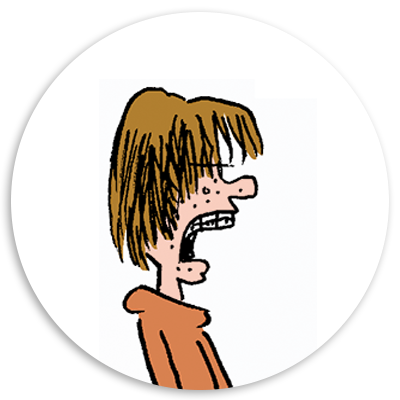 Cartoon character with messy hair and glasses, expressing frustration or anger, set against a circular background.