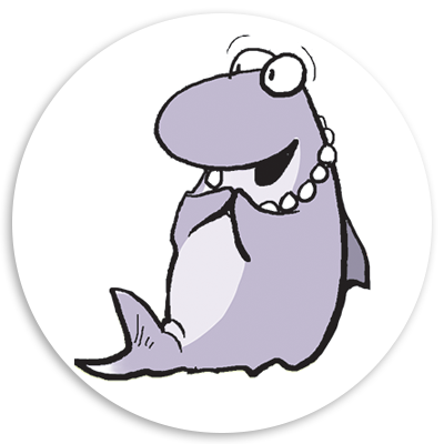 Cartoon character of a smiling purple shark wearing a pearl necklace, depicted in a playful and friendly manner.