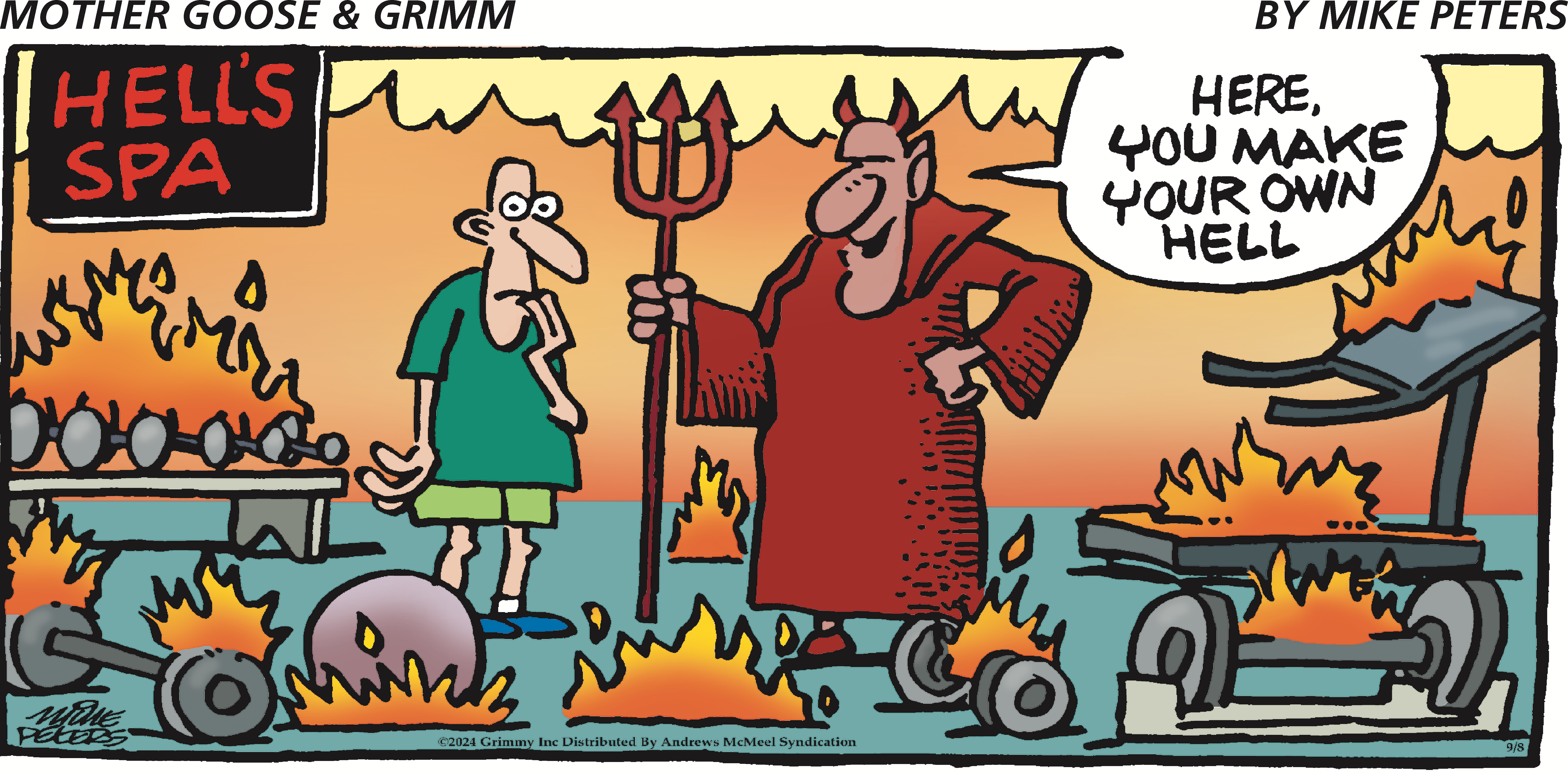 Cartoon depicting a devil character in a red robe holding a pitchfork, standing in a fiery landscape, while a confused man in a green shirt looks on. The scene humorously contrasts the devil's confident demeanor with the man's bewilderment.